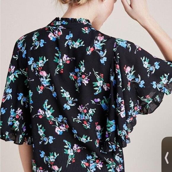 Anthropologie Maeve Floral Flutter Sleeve Black Button Down Shirt - Picture 2 of 7